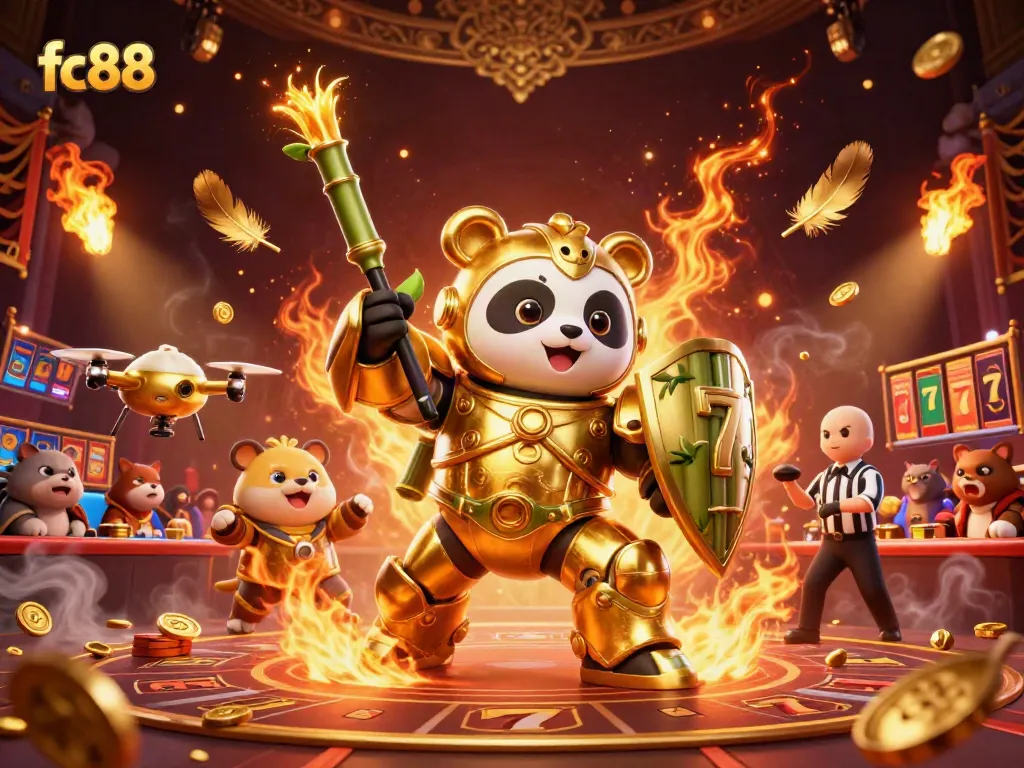 Engage in thrilling slots action at fc88, featuring a golden panda in a dynamic casino battle.
