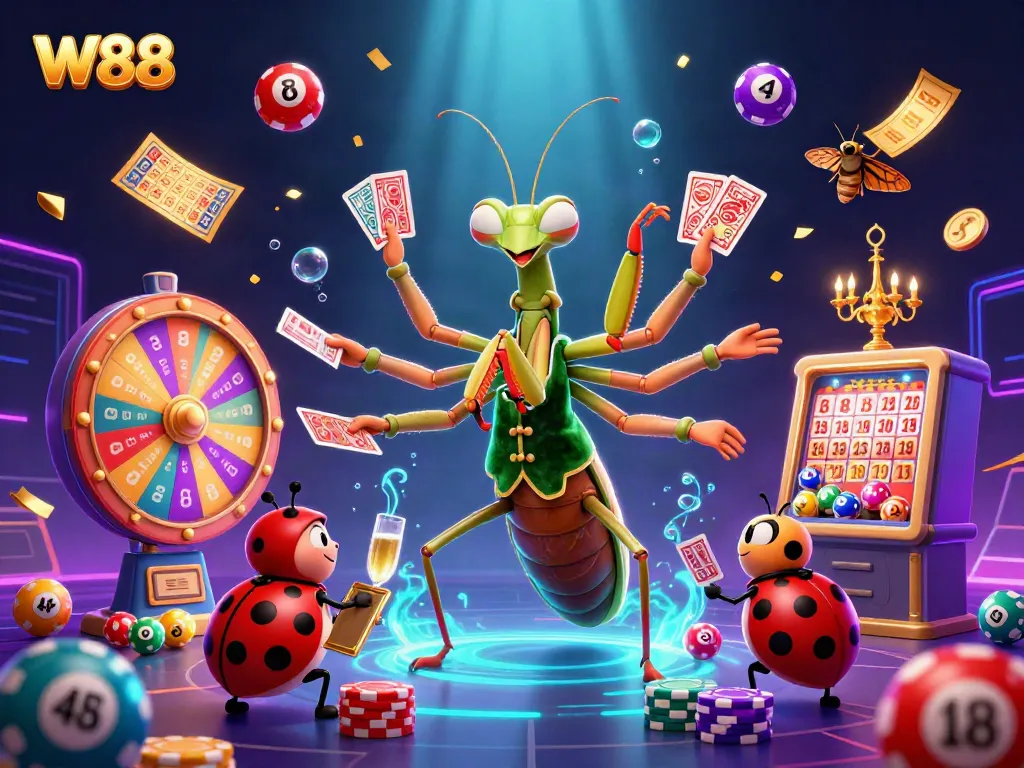 Experience W88 excitement with a vibrant casino scene featuring engaging characters and dynamic gaming elements.