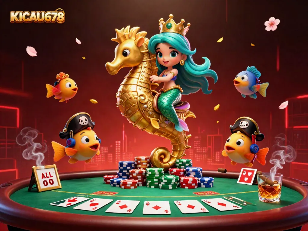 Engage with the vibrant casino scene featuring KICAU678's mermaid princess and seahorse, surrounded by poker elements.