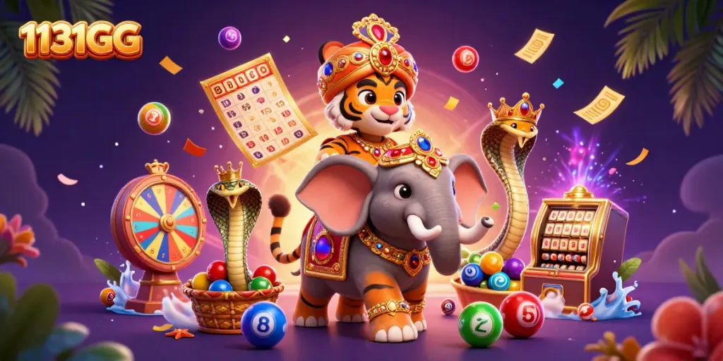 Permainan mewah di 1131GG dengan harimau maharaja dan elefant berkilau dalam latar belakang yang dinamis.