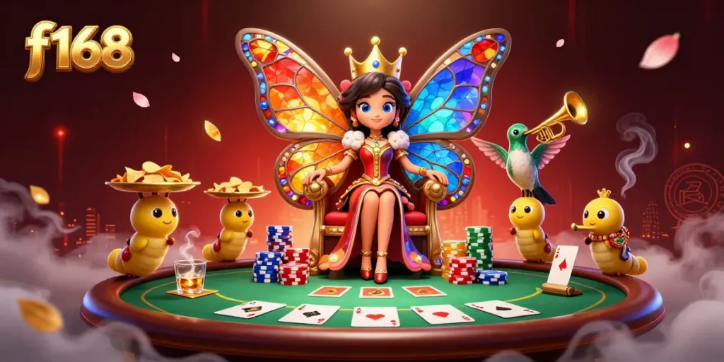Engage with F168 gameplay as a butterfly queen presides over a vibrant poker scene filled with chips and cards.