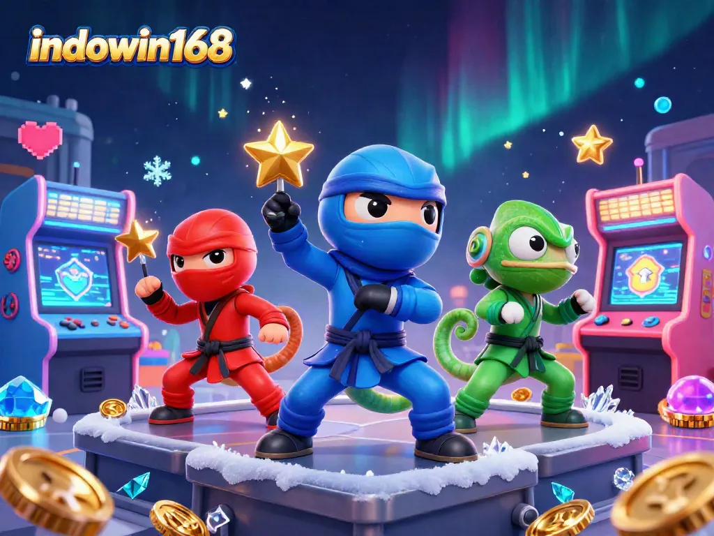 Experience thrilling gameplay with indowin168 in a vibrant 3D chameleon ninja casino scene.