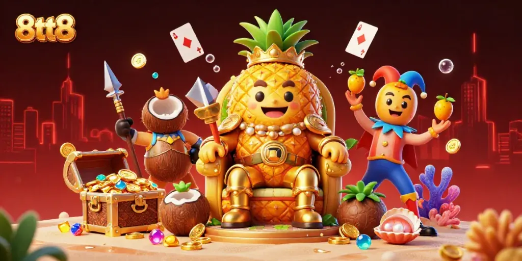 8tt8 captures thrilling casino action with vibrant characters in a beach setting, featuring a golden pineapple king.