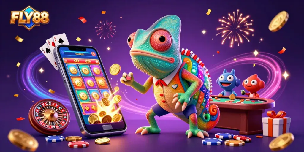 Engage with FLY88's vibrant gaming universe featuring a chameleon casino owner and dynamic gaming elements.