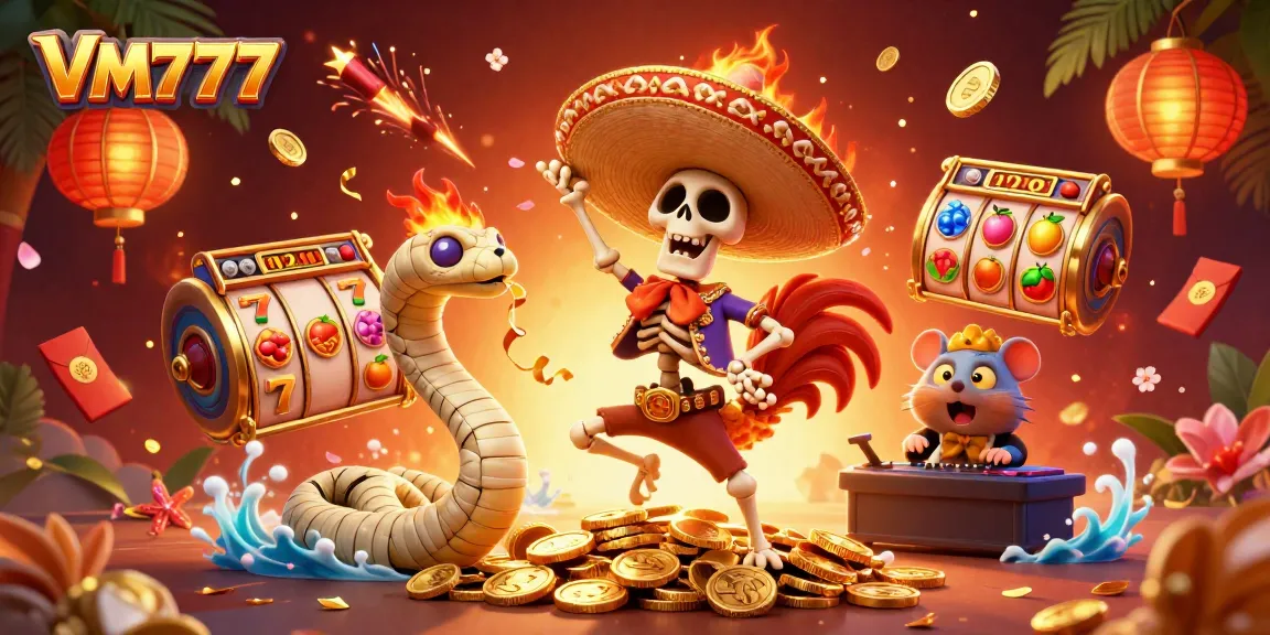Experience the excitement at VM777 with a vibrant 3D casino scene filled with dynamic characters and game elements.