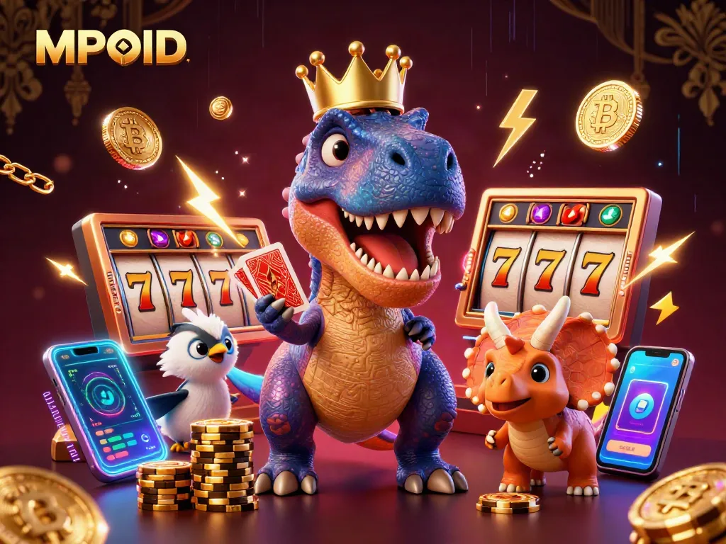 MPOID features an exciting casino scene with a playful dinosaur and colorful gaming symbols.