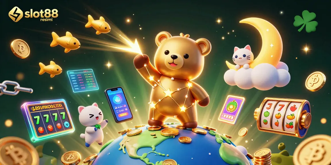 Slot88 resmi menawarkan berbagai simbol kasino dalam ilustrasi menarik dengan bintang emas dan bulan.
