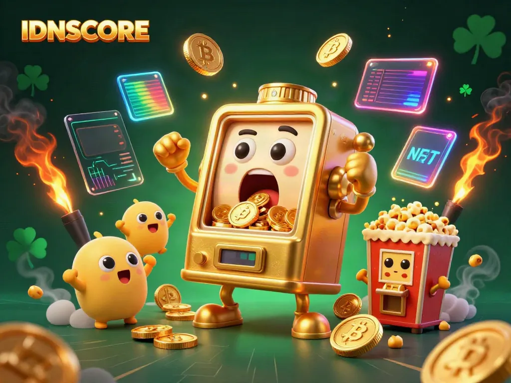IDNSCORE relishes in a jackpot win with animated slot machines and cryptocurrency elements celebrating the excitement of online gaming.