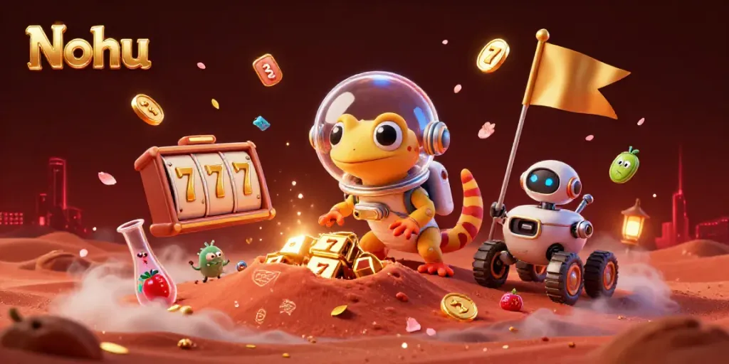 Experience Nohu's immersive casino adventure with Martian gecko and dynamic slot elements.