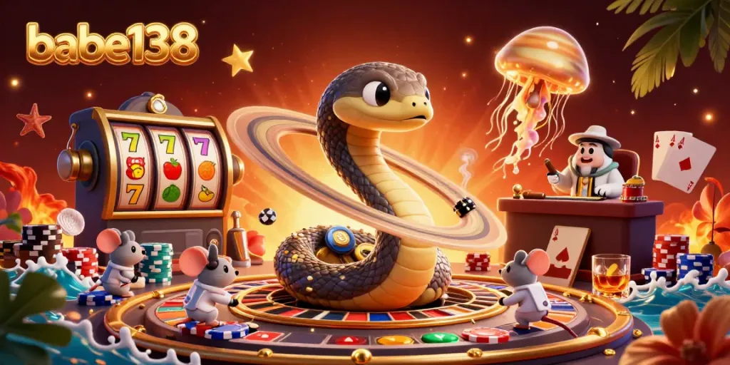 Babe138 menghadirkan ilustrasi kasino 3D dengan ular Saturnus berputar dan pemain beraksi di slot.