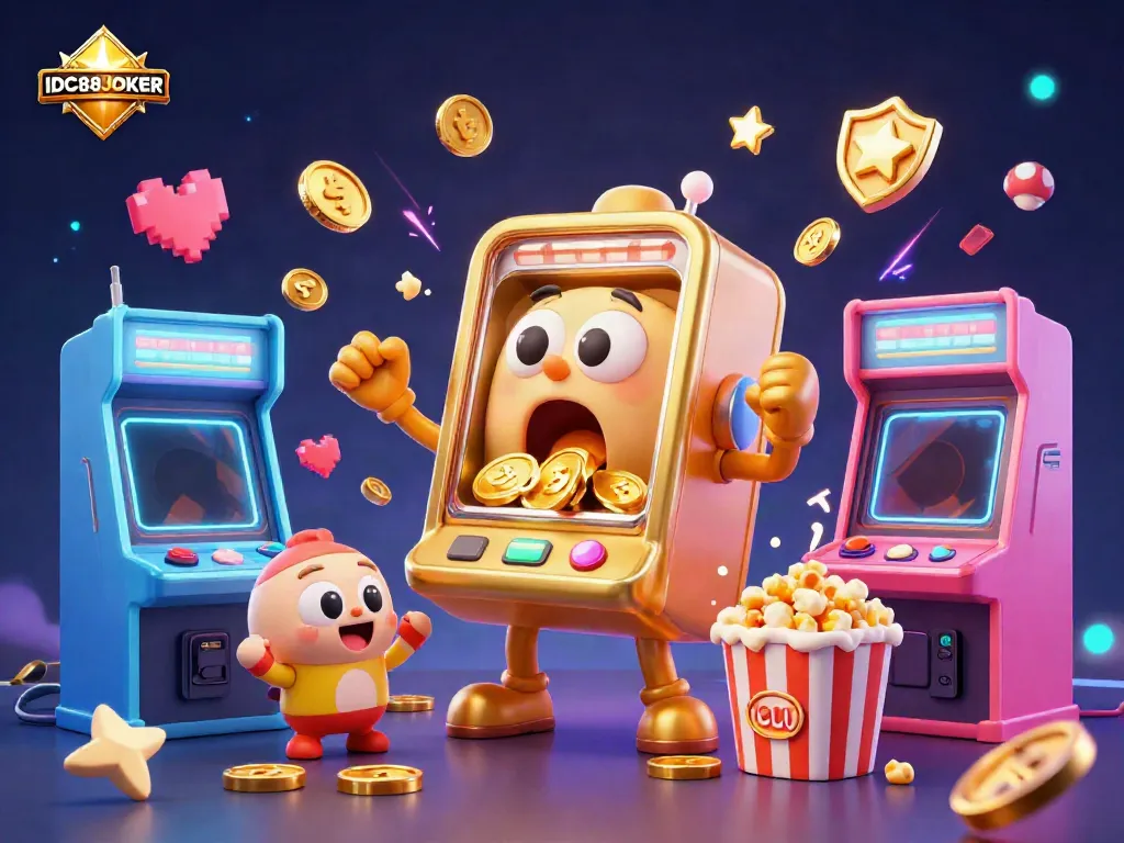 Experience excitement with IDC88JOKER as jubilant slot machines celebrate hitting jackpots with golden coins pouring.