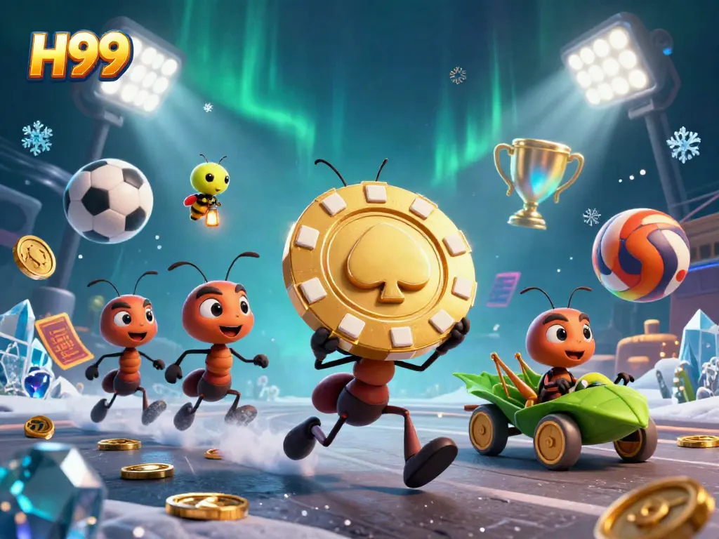 Experience H99 action with ants stealing a giant poker chip in a vibrant casino heist scene.