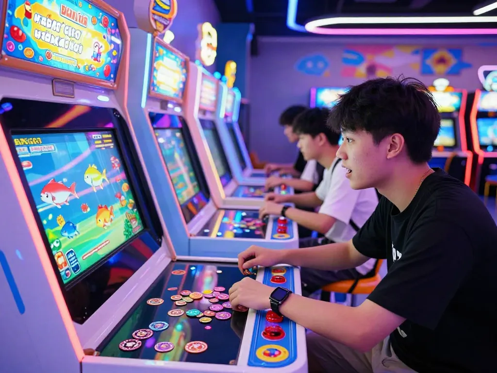Engaged player enjoying lại là Bắn cá đổi thưởng in a vibrant arcade gaming environment.
