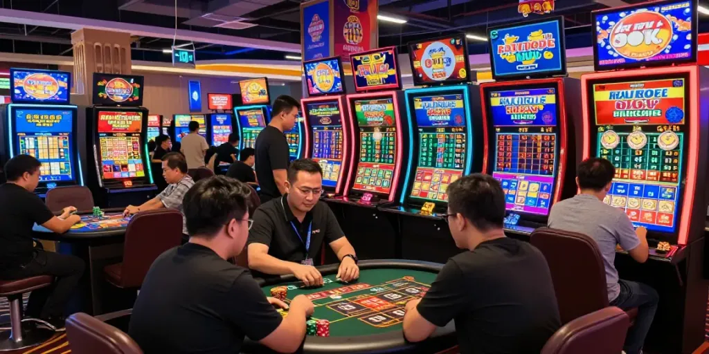 Ratutogel dalam suasana hall permainan ramai, pemain terlibat dalam berbagai jenis taruhan.