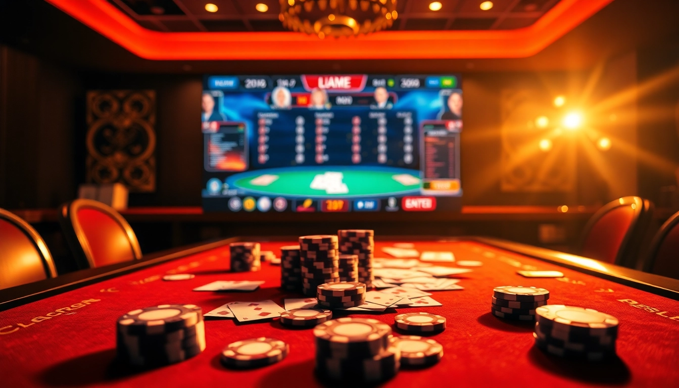 Experience thrilling poker online with vibrant chips, digital screens, and engaging gameplay.