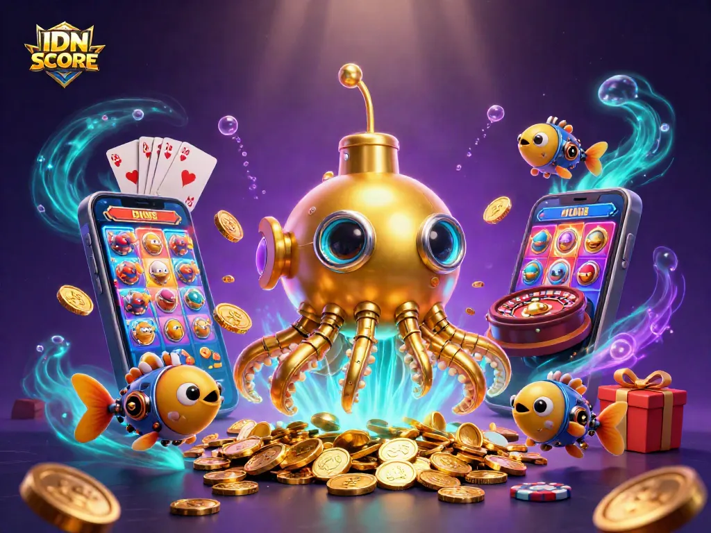 Engage with IDNSCORE's thrilling gaming universe featuring dynamic casino elements and a whimsical golden kraken.