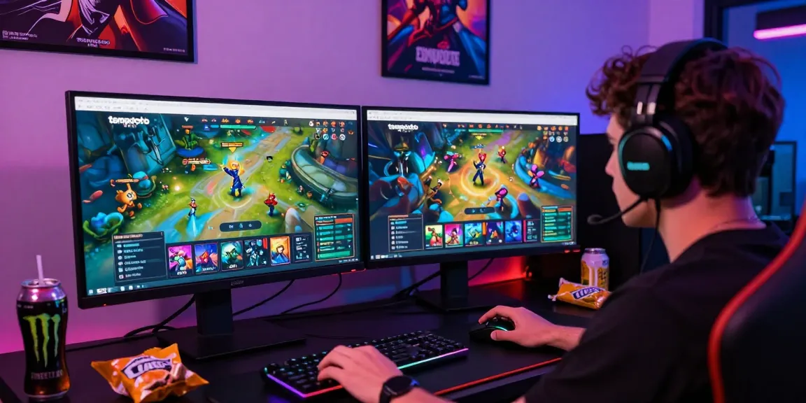 Immersive 'tempototo' gaming experience with user at dual monitors, energized atmosphere.