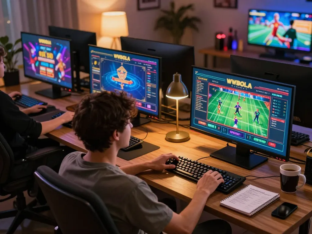 WWBOLA player strategizing at home gaming setup with multiple screens and online games.