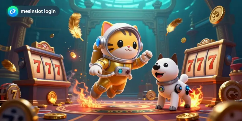Join the excitement of mesinslot login with a playful astronaut cat and robot dog in a vibrant casino.