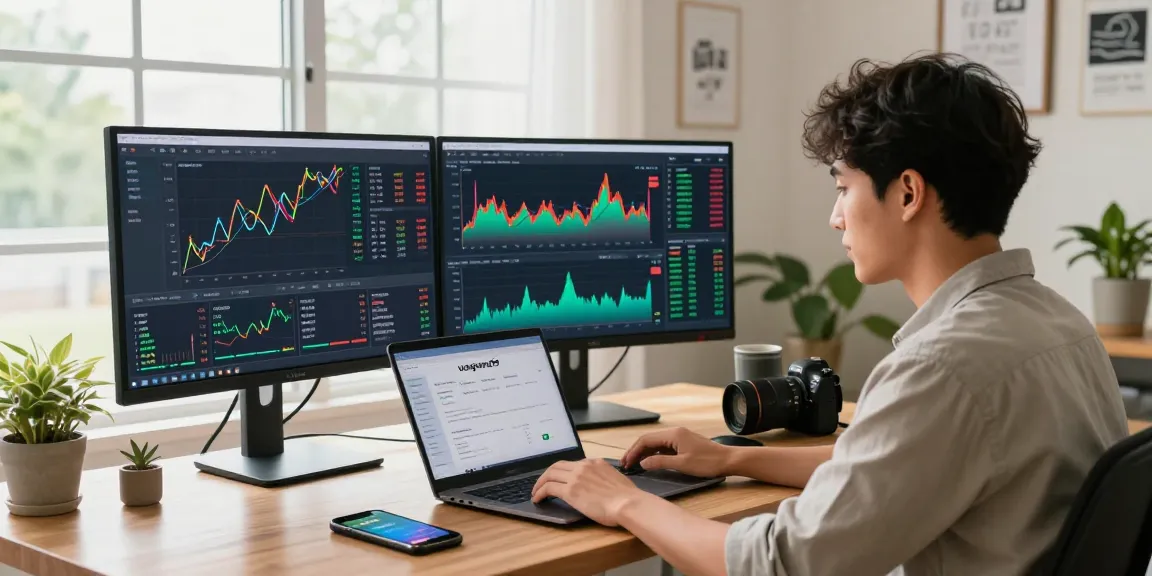 Trader cryptocurrency menggunakan uangemas99 di kantor modern dengan layar besar dan cahaya alami.