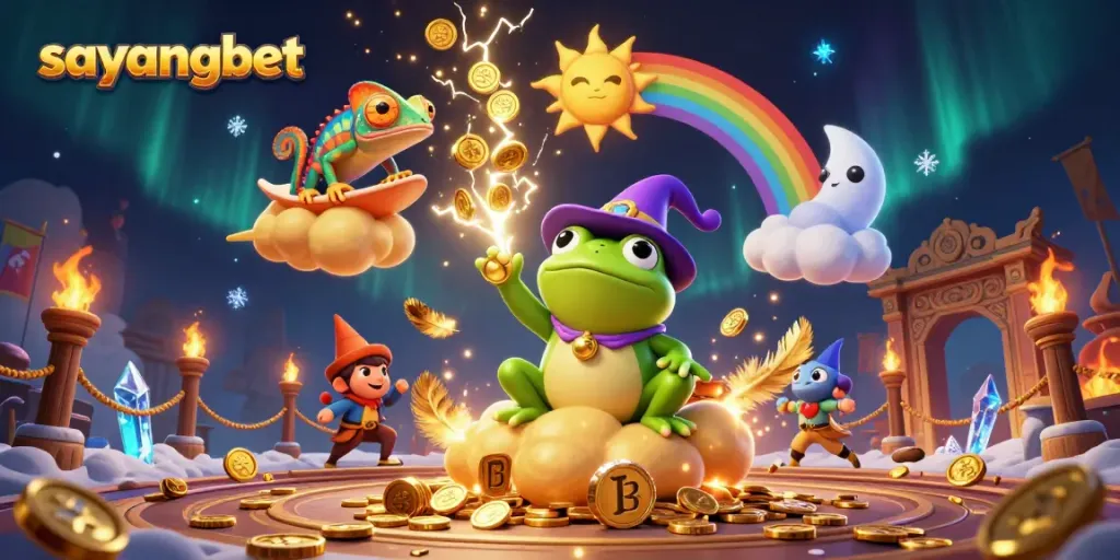 Experience the magic of sayangbet as the weather wizard frog creates a storm of golden coins in a vibrant 3D scene.