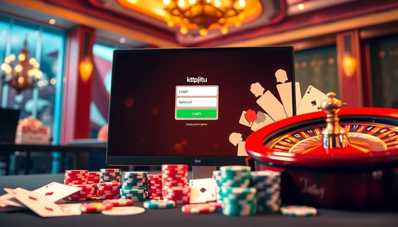 Ktpjitu login showcased on a sleek computer amidst vibrant casino elements like poker chips and roulette wheel.