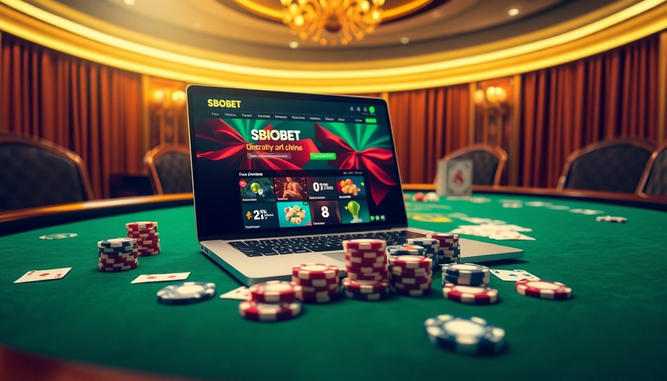 Sbobet login terbaru interface displayed on a laptop amidst luxurious casino elements like poker chips and cards.