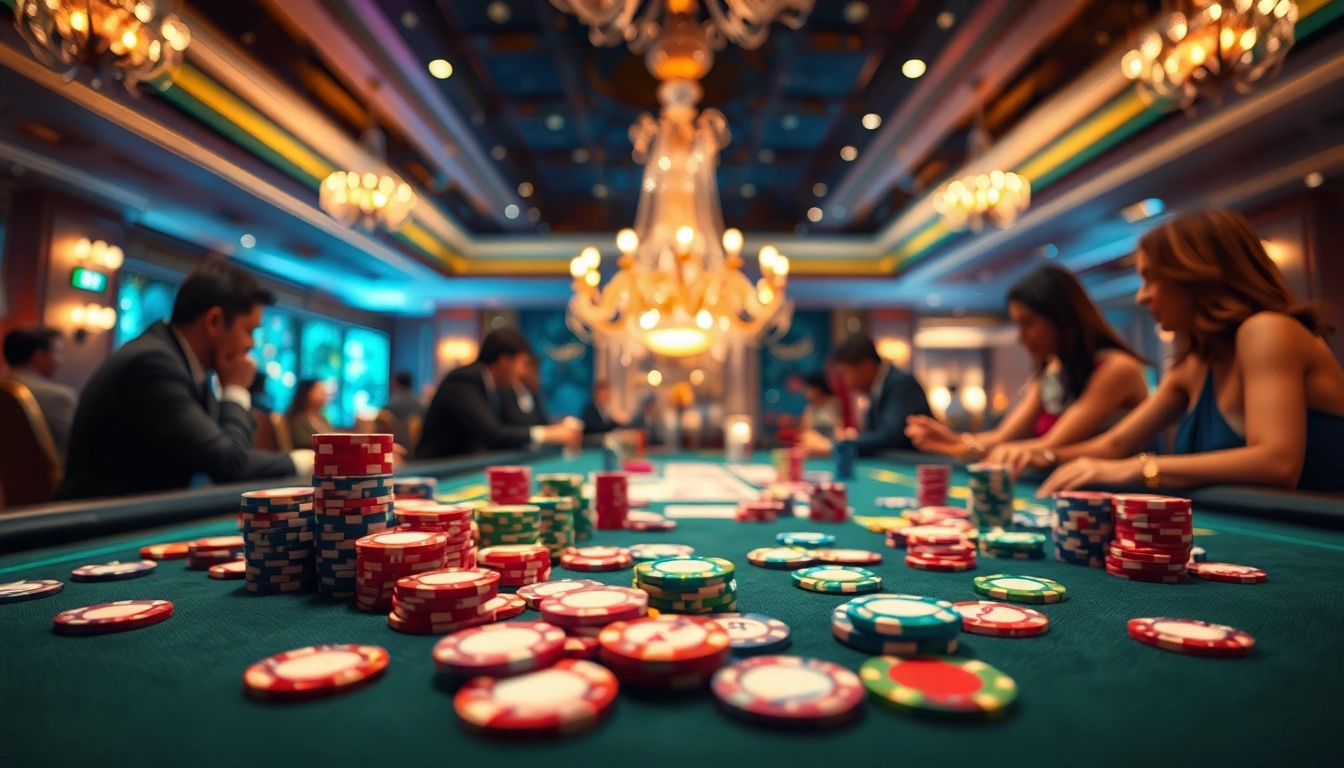 Permainan seru di dingdongtogel.net dengan tumpukan chip dan kartu di meja kasino.