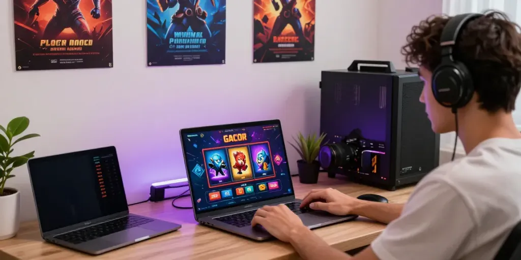 User immersed in engaging slot gacor game on a modern laptop with vibrant graphics and ambient lighting.