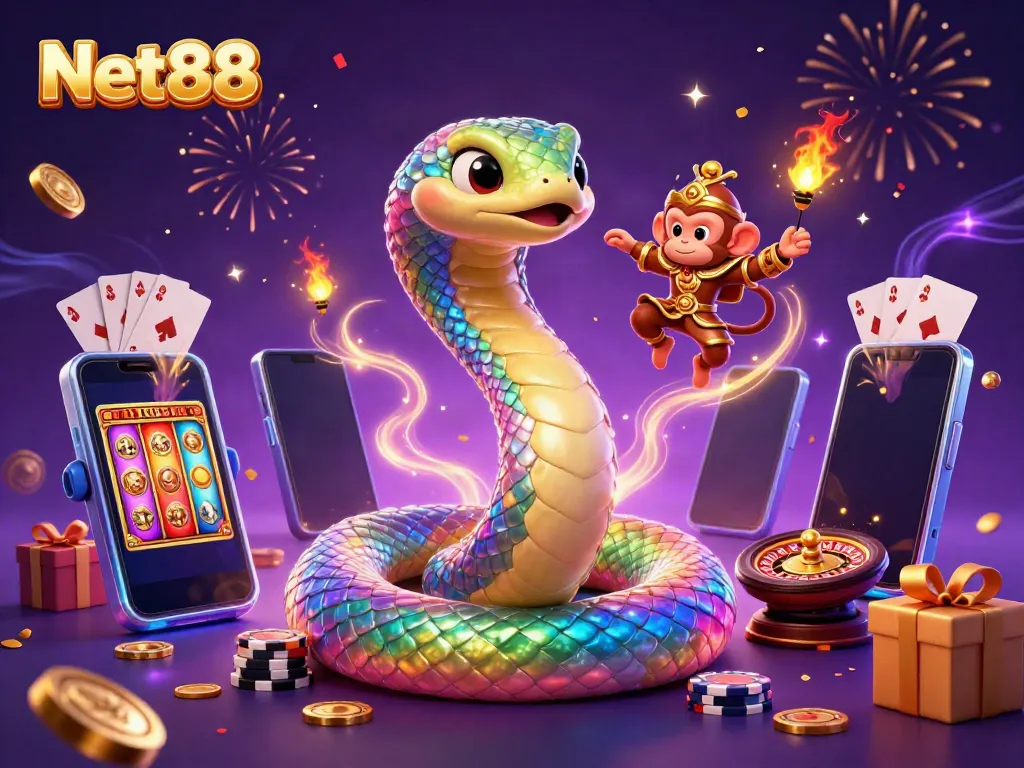 Experience exciting slots and magical wins at Net88 in a vibrant 3D casino illustration scene.