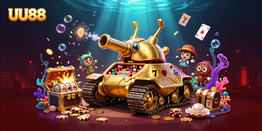 Experience the vibrant gaming world of UU88 with a golden casino beetle tank among rich underwater treasures.
