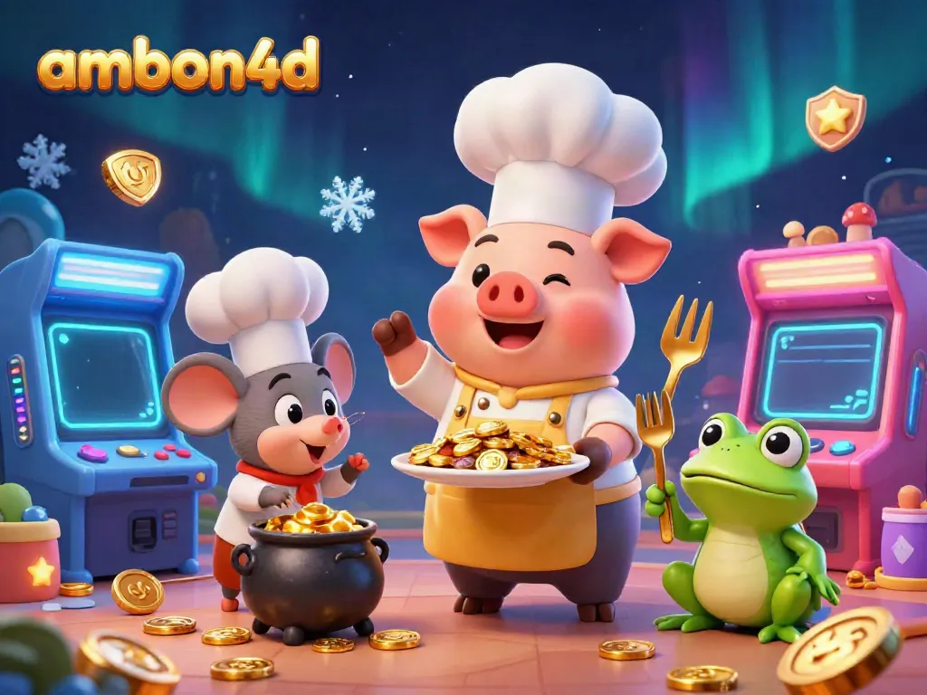 Chef pig serving gold coins in a dynamic scene representing ambon4d with entertaining game elements and characters.