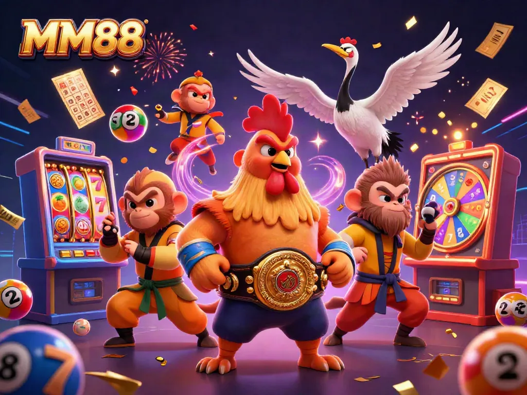 MM88 gaming scene showcasing a dynamic slot machine battle with lively characters and vibrant gambling elements