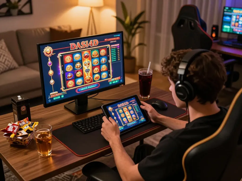 Sesi permainan daring DASI4D menampilkan permainan slot yang cerah di tablet, suasana nyaman dengan camilan dan minuman.