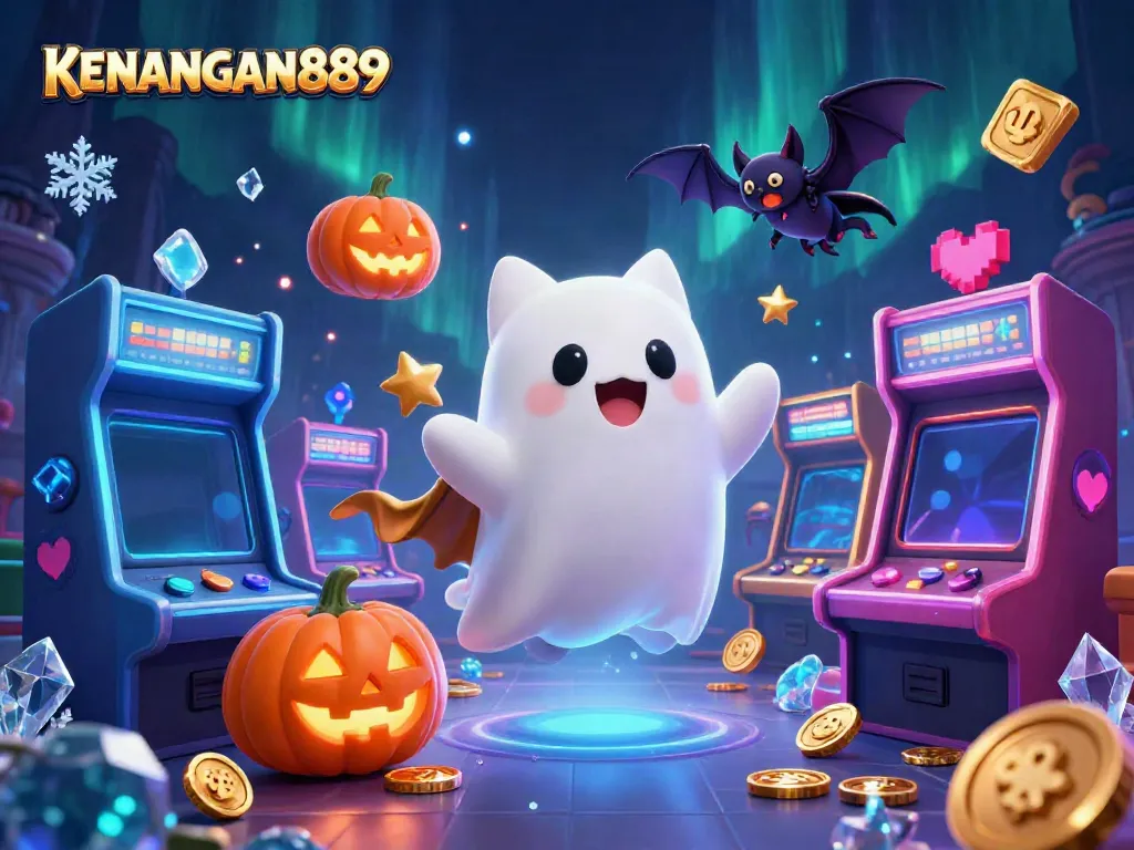 Experience thrilling gameplay with KENANGAN889 in a vibrant casino scene featuring a ghost cat and vampire bat.