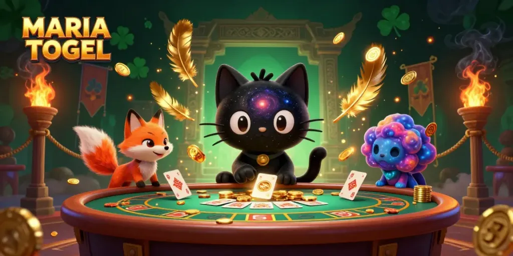 Experience MARIATOGEL's cosmic casino with a black hole cat and nebula fox, collecting golden chips.