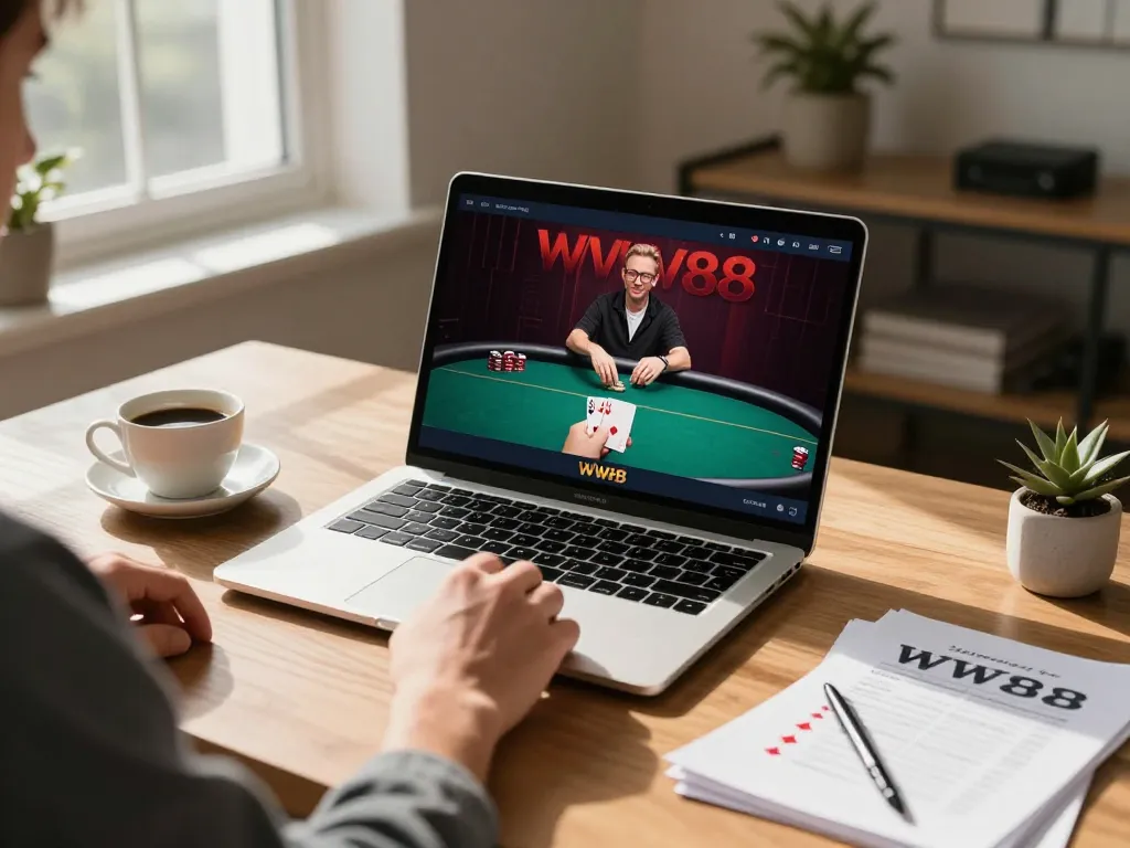 Engaging online poker gameplay at WW88 on a laptop, showcasing winning card hands in a stylish home setting.