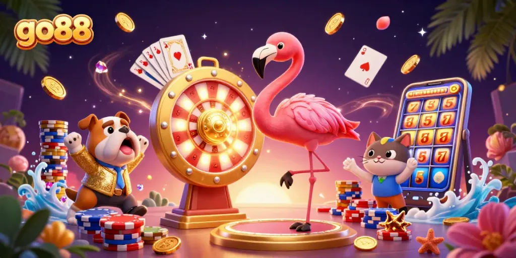 Win big at go88 with exciting prizes from game show host flamingo in a lavish casino scene.