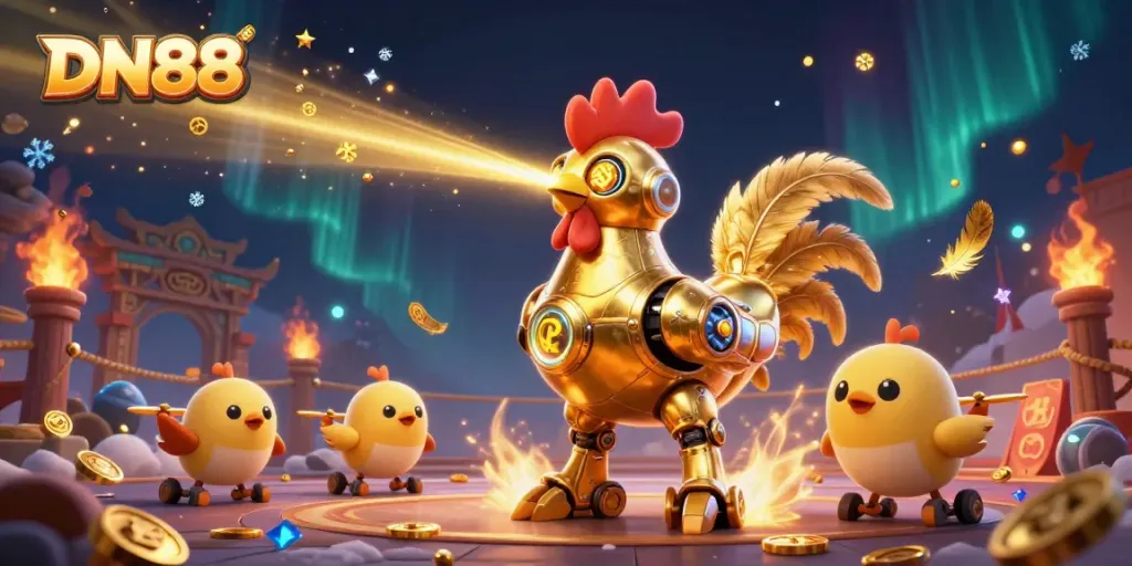 Experience thrilling gaming at DN88 with a vibrant scene of a golden rooster robot and baby chick drones.