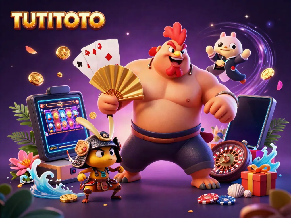 TUTITOTO showcases a vibrant 3D battle scene with a sumo wrestler rooster, samurai cricket, and tanuki announcer amid casino games.