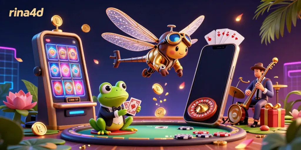 Experience the thrilling vibe of rina4d in a lively casino scene with a dragonfly pilot and frog dealer.