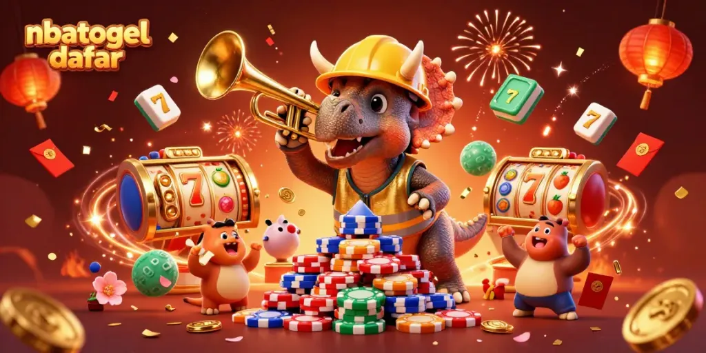 Gambarlah nbatogel daftar yang menampilkan karakter kartun berkumpul dalam suasana bersemangat dengan simbol slot.