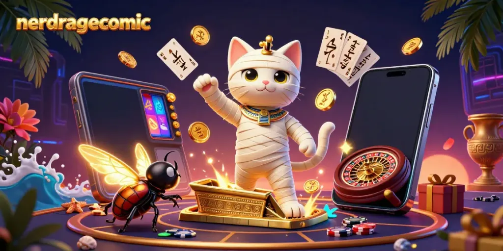 Gambarkan nerdragecomic saat kucing mummy berdiri di kasino piramida dengan permainan slot yang berputar.