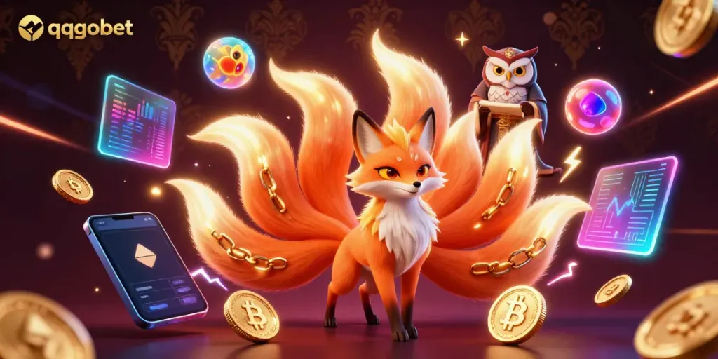 Engage in online betting with qqgobet, surrounded by vibrant 3D characters and cryptocurrency elements.