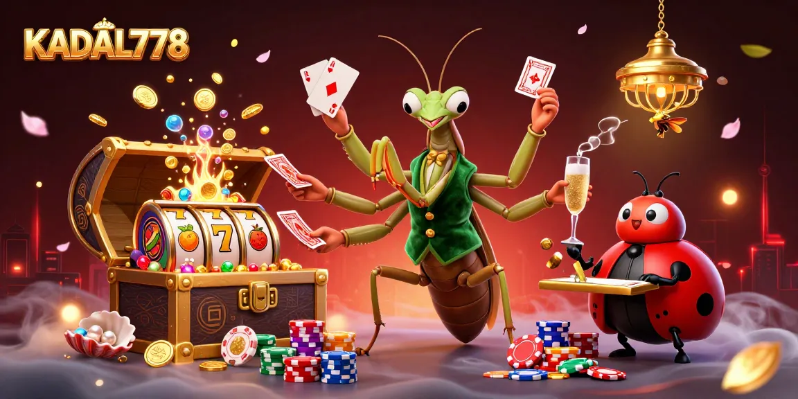 KADAL778 showcases a vibrant gambling scene with a praying mantis card sharp and a ladybug pit boss amidst rich casino elements.