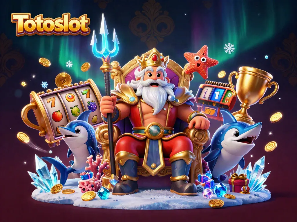 Gambarkan permainan Totoslot dengan elemen slot dan karakter raja laut dalam ilustrasi 3D yang dinamis.