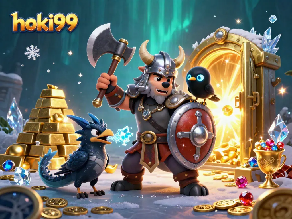 Menangkan hadiah di hoki99 dengan ilustrasi kasino penuh warna, menampilkan pejuang Viking dan naga.