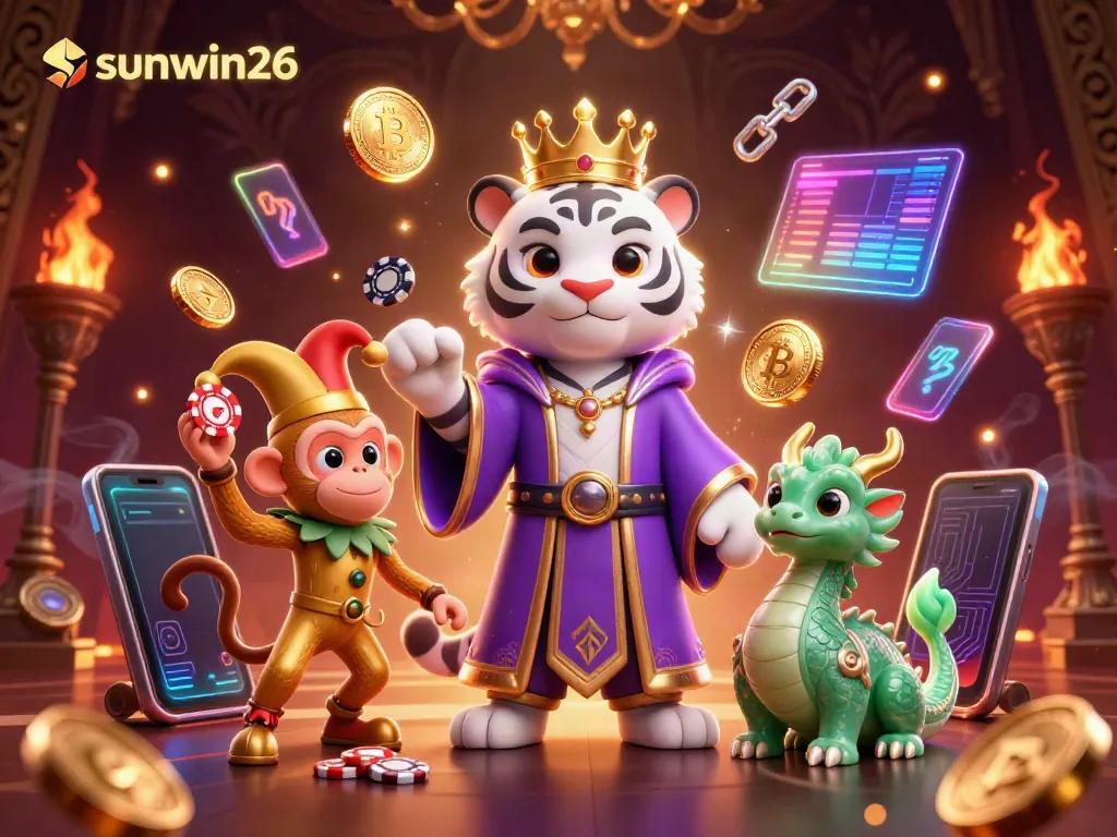 Experience excitement with sunwin26's vibrant 3D casino illustration showcasing diverse gaming elements.