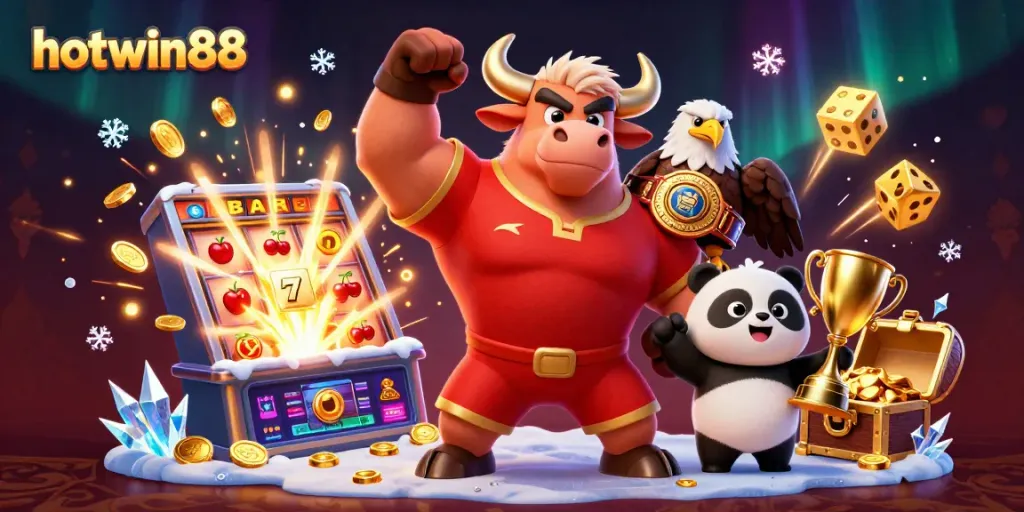 Spin and win with hotwin88's dynamic gaming scene featuring joyful characters and lavish casino elements.