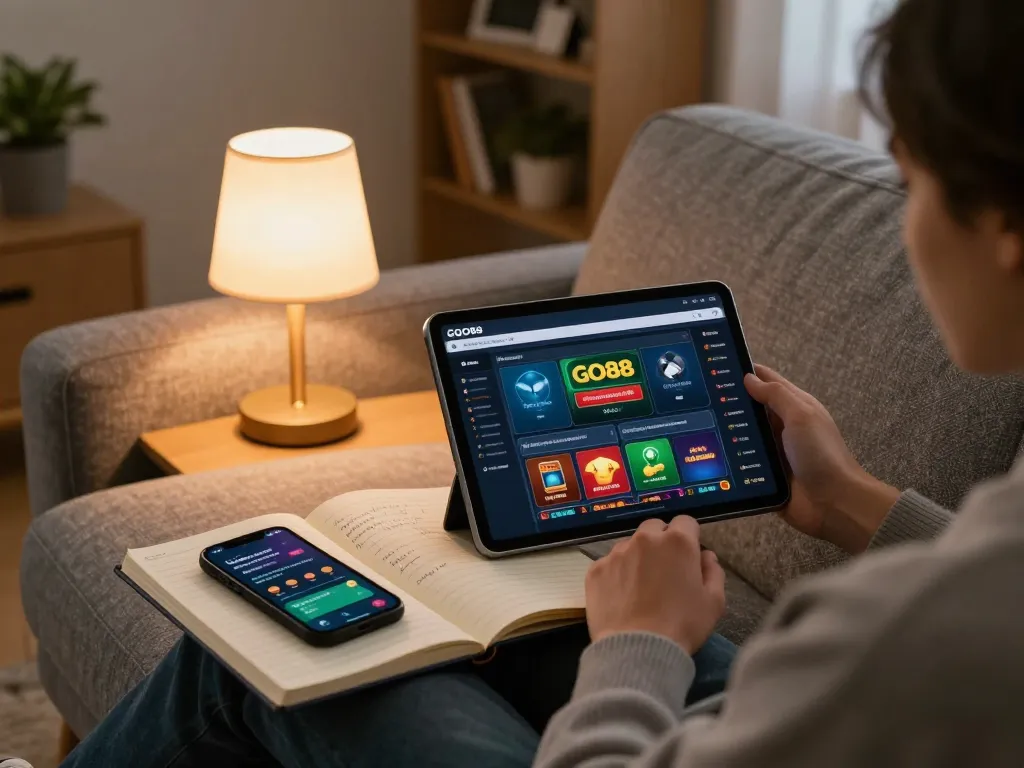 TẢI GO88 app shown on tablet during a relaxed home gaming session with strategic notes visible.